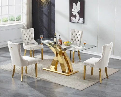 Miniatura 39 de Juego de mesa de comedor de cristal plateado moderno de 70 pulgadas para 4, juego de mesa de comedor rectangular de 5 piezas con patas de acero