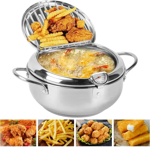 Miniatura 7 de Olla para freidora, 11 pulgadas/4.4 cuartos de galón, freidora de tempura japonesa con termómetro, olla freidora de acero inoxidable 304 para papas