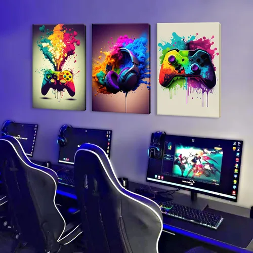 Miniatura 2 de Framed 3 Piece Game Room Decorative Wall Art Color Video Game Handle Earphone Graffiti Theme Poster Neon Light Poster Print Picture Children Youth