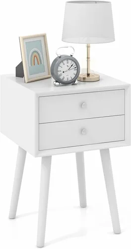 Miniatura 12 de GOFLAME Mesita de noche con 2 cajones, pequeña mesa auxiliar de madera, moderna de mediados de siglo con almacenamiento, mesa auxiliar compacta