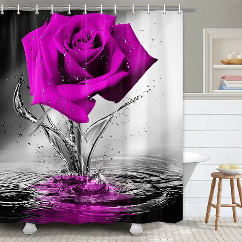 Miniatura 15 de JAWO Cortina de ducha con diseño de rosas, románticas flores y rosas rojas reflejadas en el agua, cortina de baño de tela, cortina de baño negra