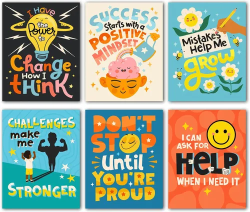 HoneyKICK Pósteres de mentalidad de crecimiento para el aula, juego educativo de arte de pared de 6 piezas, decoración de pared motivacional de 11 x