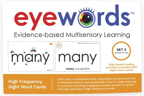 Juego de 3 tarjetas flash multisensoriales con palabras de vista y fonética, juego 3 (palabras de alta frecuencia 101-150) - aprendizaje