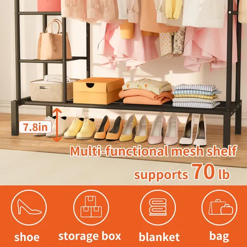 Miniatura 4 de JOISCOPE Perchero resistente de 47 x 65 pulgadas, perchero de ropa de doble barra para colgar ropa, perchero con estantes de armario de 4 niveles