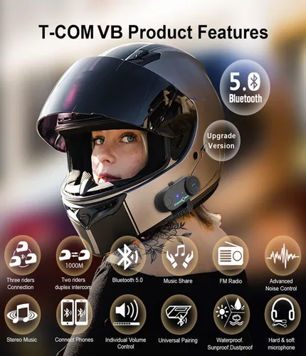 Miniatura 2 de TCOM VB - Casco de motocicleta con Bluetooth para uso compartido de música, sistemas de comunicación de intercomunicación universales de 800 M