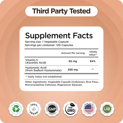 Miniatura 8 de Suplemento de ácido hialurónico puro de 250 mg con vitamina C de 50 mg, 120 cápsulas veganas, hidratación de la piel para un brillo natural