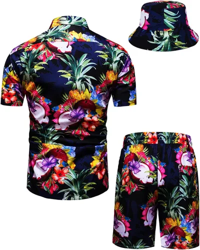 Miniatura 17 de TUNEVUSE Conjunto de camisas y pantalones cortos hawaianos para hombre, 2 piezas, trajes de playa con estampado de flores, traje tropical de verano