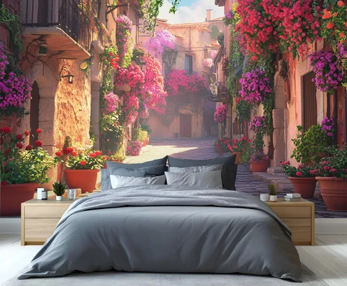 Miniatura 27 de Papel tapiz 3D de bicicleta rosa vintage, murales de flores de paisaje de primavera para sala de estar, pintura al óleo, papel tapiz rústico