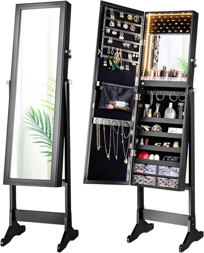 Miniatura 7 de LUXFURNI Armario de joyería con luz LED, espejo de pie, organizador de almacenamiento grande con cerradura y cajones (blanco)