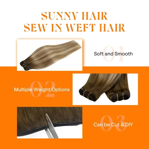 Miniatura 3 de Sunny Hair Extensiones de Trama de Cabello Humano Marrón Extensiones de Cabello para Coser Cabello Humano Real Marrón Oscuro Ombré Marrón Claro