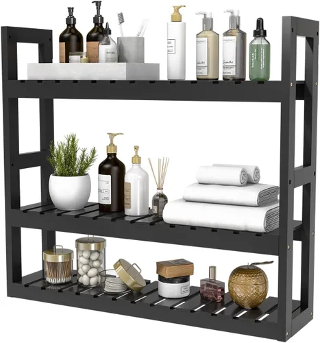 Estante Domax de bambú para baño, 3 niveles de montaje en pared, multifuncional, capa ajustable, de pie, para colocar por encima del inodoro, Negro