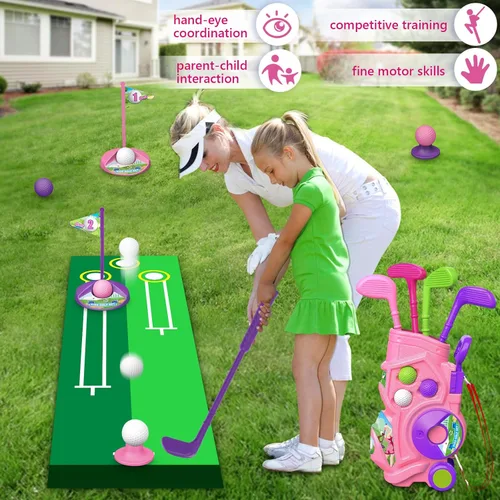 Miniatura 6 de Letapapa Juego de golf para niños pequeños con tapete de puting, 4 palos, 8 bolas, 2 agujeros de práctica para niños de 3 a 5 años, juguetes Rosa