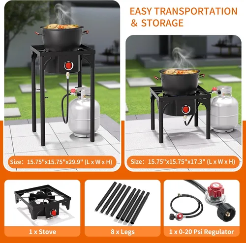 Miniatura 2 de Quemador de propano, estufa de gas individual de alta presión de 75,000 BTU con regulador ajustable de 0-20 PSI, estufa de camping con 8 patas