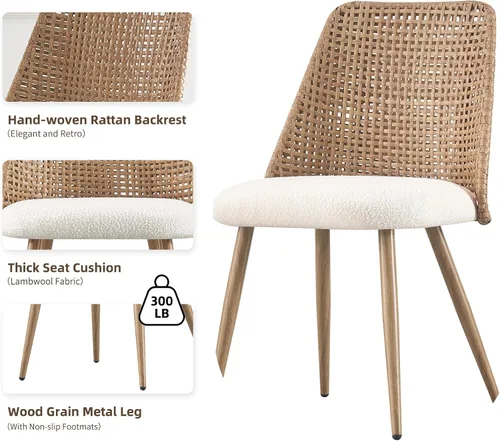 Miniatura 4 de Juego de 4 sillas de comedor de ratán, sillas modernas tapizadas de bouclé para cocina con respaldo de caña de PE y patas de metal