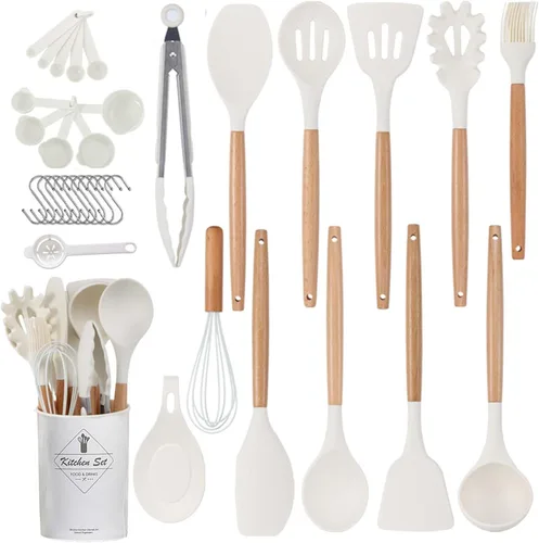 Juego de utensilios de cocina de silicona de 34 piezas, juego de utensilios de cocina de silicona con 10 ganchos, batidores de huevos, soportes de