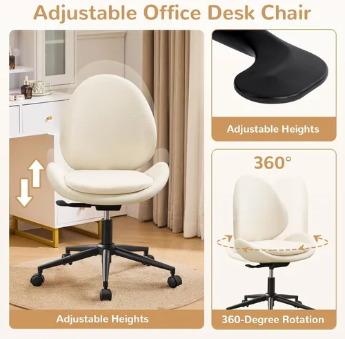 Miniatura 5 de Furniliving Silla de escritorio de felpilla sin brazos con ruedas, silla tapizada de oficina en casa con cojín de doble capa, silla giratoria Blanco