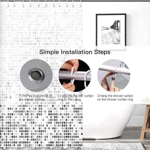 Miniatura 5 de Decoreagy Cortina de ducha gris y blanca, cortinas de ducha de baño negras degradadas, cortinas de baño de tela impermeable con 12 ganchos, 72 x 72