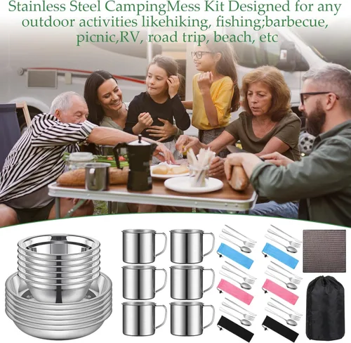 Miniatura 5 de Lallisa Utensilios de cocina para acampar al aire libre, utensilios de cocina de acero inoxidable pulido, utensilios de camping, vajilla portátil