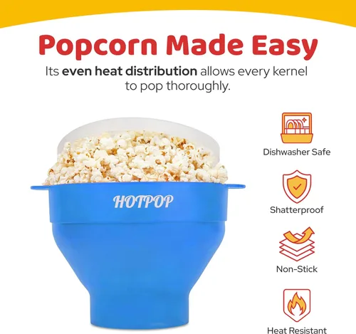 Miniatura 4 de El Hotpop Original - Palomitero para microondas, Popcorn, contenedor de silicona para hacer palomitas de maíz, cuenco plegable sin BPA y apto