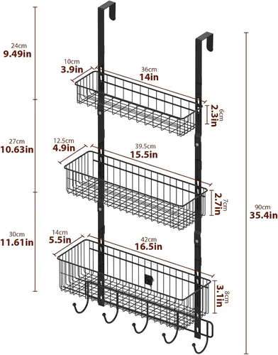 Miniatura 7 de YBING Organizador Sobre Puerta con Ganchos 3 Niveles Toallero Trasero Cestas de Metal Estantes de Almacenamiento Colgante para Dormitorio Baño Negro