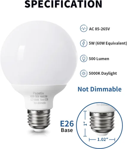 Miniatura 2 de Paquete de 4 bombillas LED de luz diurna para baño, equivalente a 120 V 60 vatios, base media E26, bombillas redondas no regulables, bombillas LED