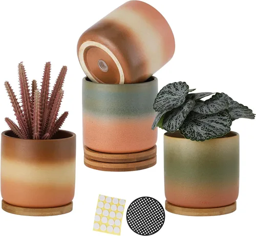 Miniatura 7 de Macetas de cerámica de 4 pulgadas con agujeros de drenaje, adorable maceta con bandeja para plantas de interior, suculentas, plantas de serpiente