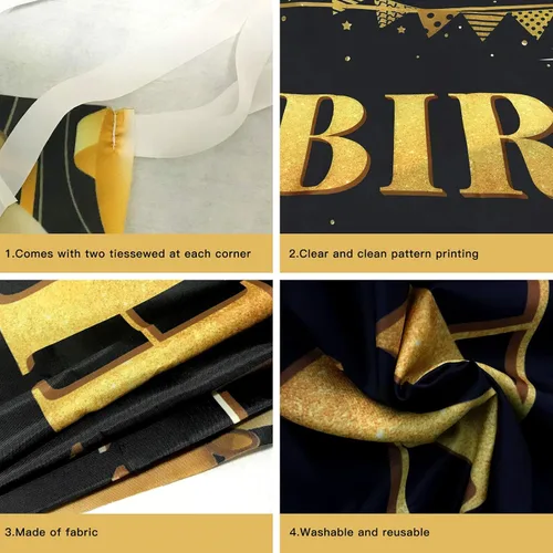 Miniatura 4 de Cartel grande de decoración de cumpleaños número 16, cartel de feliz cumpleaños número 16 negro y dorado, suministros de decoración de fiesta