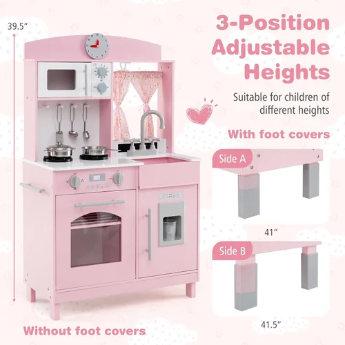 Miniatura 5 de Costzon Juego de Cocina para Niños, Juguetón de Madera de Pequeño Chef con 3 Alturas Ajustables, Barra de Toallas, Cortinas, Microondas, Estufas