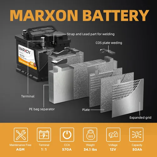 Miniatura 3 de Batería de coche Marxon Group 140R 12v 50AH 570CCA H4 AGM, baterías libres de mantenimiento, automotriz, de arranque/parada, reemplazo, batería LN1