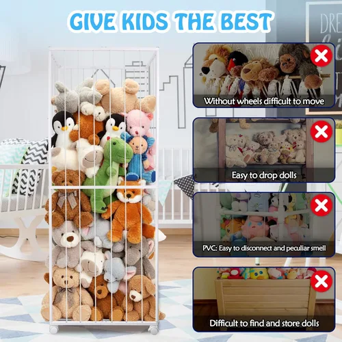 Miniatura 5 de Almacenamiento de animales de peluche, tubo de metal extra grande organizador de almacenamiento de juguetes con ruedas de freno, soporte para Blanco