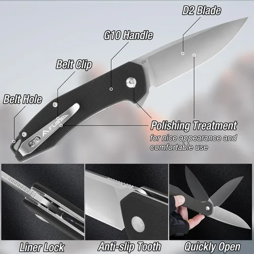 Miniatura 2 de FLISSA Cuchillo de bolsillo, cuchillo táctico plegable con mango G10, hoja D2, seguro de revestimiento, clip de bolsillo, cuchillo EDC para Negro