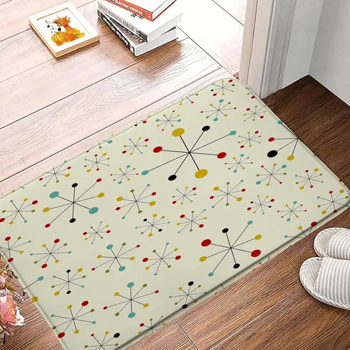 Alfombra de baño atómica de mediados de siglo, vintage, colorida, icónica, atómica, geométrica, formas de estrellas, retro, de los años 50, alfombra