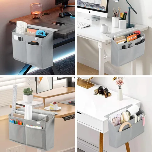 Miniatura 5 de Organizador colgante lateral de escritorio, bolsa de almacenamiento adhesiva con bolsillos para revista, iPad, cuaderno, para mesas auxiliares