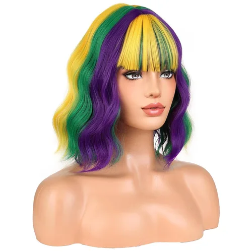 Miniatura 18 de BERON Pelucas cortas verdes para mujer, peluca rizada ondulada con flequillo para niñas, pelucas de cabello de color verde aguacate, peluca