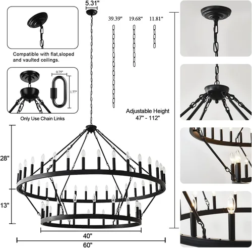 Miniatura 6 de Candelabro de dos niveles en negro, rueda de vagón grande, 54 luces, lámpara colgante de granja redonda de 152 cm, iluminación rústica para comedor