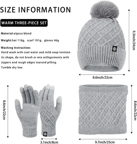 Miniatura 3 de Gorros de invierno para mujer, bufanda, guantes para pantalla táctil, juego cálido con patrón de cuadrícula, gorro holgado de punto con forro polar