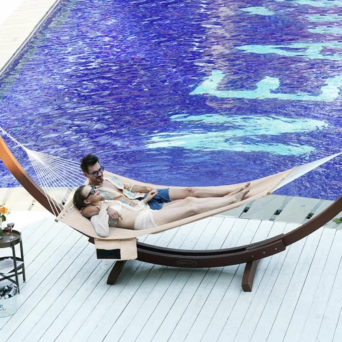 Miniatura 2 de Lazy Daze Hammocks Hamaca doble exterior de 11 pies, hamaca de tela de olefina de secado rápido con barra separadora y bolsillo lateral para piscina