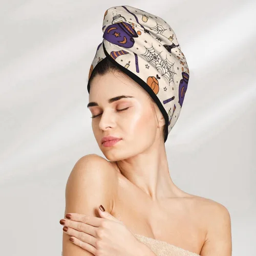 Miniatura 7 de UNIOND Magic Witch - Toalla de secado de pelo con diseño bohemio, de secado rápido, absorbente, terciopelo coral, gorra de pelo seco con botón fijo