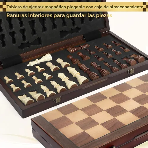 Miniatura 8 de Juego de ajedrez magnético de madera para adultos y niños, tablero de ajedrez de 12 pulgadas con piezas hechas a mano, plegable, portátil, único