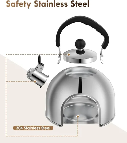 Miniatura 7 de Tetera para estufa - Tetera de acero inoxidable, hervidor de 2 litros para acampar, calefacción eficiente, silbato audible, mango seguro - hervidor