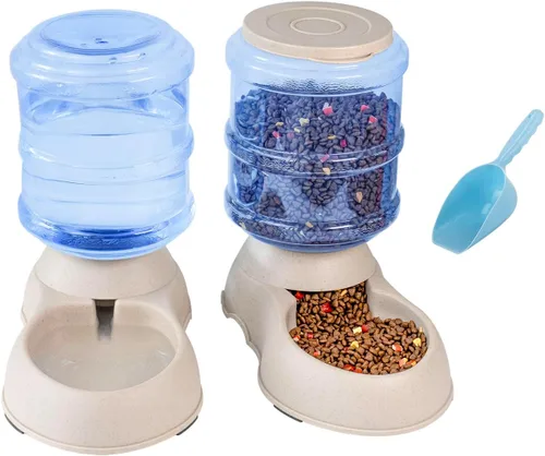 Solución de alimentación para mascotas, comedero automático para gatos y perros tipo cafetería y dispensador de agua en set con cuchara medidora -