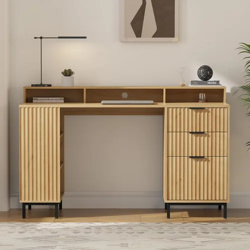Miniatura 10 de Escritorio ejecutivo de 47 pulgadas con cajón estriado, moderno escritorio de oficina en casa con soporte largo para monitor y 2 cajones, escritorio