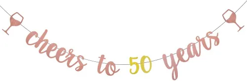 WEIANDBO - Pancarta con purpurina de oro rosa con texto en inglés "Cheers to 50 Years", pre-encordada, decoración de fiesta de aniversario de boda y
