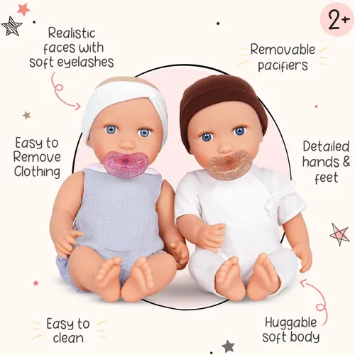 Miniatura 3 de LullaBaby Muñecas gemelas realistas de 14 pulgadas - Tonos de piel claros y ojos azules - Cuerpos suaves y trajes extraíbles - Sombrero, diadema