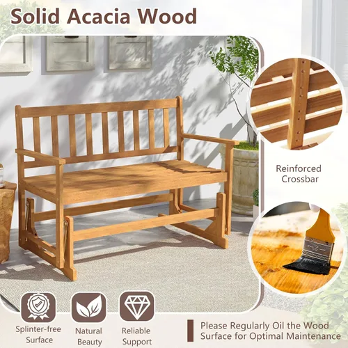 Miniatura 5 de Tangkula Banco planeador de madera de acacia para 2 personas, resistente 800 libras, sofá biplaza mecedora para patio con asiento y respaldo
