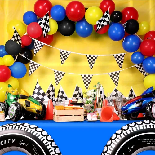 Miniatura 6 de Irenare 3 hojas de suministros para fiesta de cumpleaños de automóvil, decoraciones de fiesta de carreras, mantel de camino de mesa de carreras, Azul