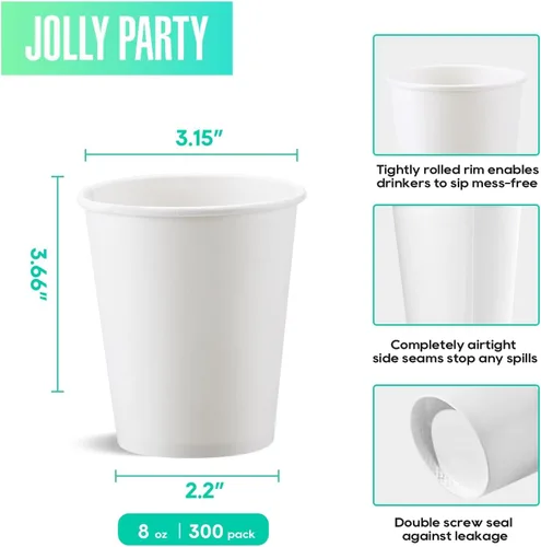 Miniatura 2 de JOLLY PARTY Paquete de 300 tazas de café de papel desechables de 8 onzas, tazas de bebida caliente/fría para agua, tazas de café de papel, tazas