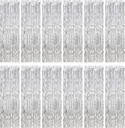 Miniatura 8 de Paquete de 12 cortinas de fondo de flecos de papel de aluminio, 3.28 x 9.84 pies, cortinas de flecos metálicos negros de oropel de papel de aluminio