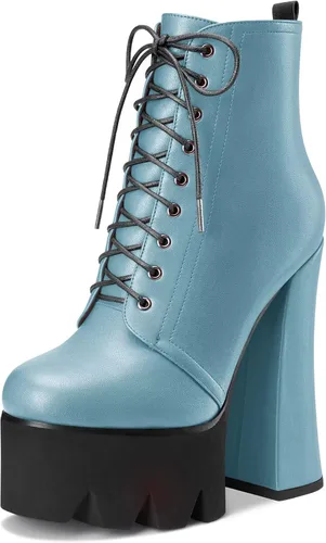 Miniatura 8 de HDEUOLM Botas de tobillo con tacón alto de bloque grueso para mujer, puntera redonda, botines cortos con cordones y cremallera, zapatos clásicos