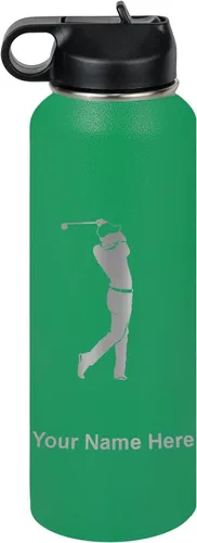 Miniatura 60 de LaserGram Botella de agua personalizada, golfista de golf, acero inoxidable de doble pared aislada al vacío con popote superior, regalo grabado Negro